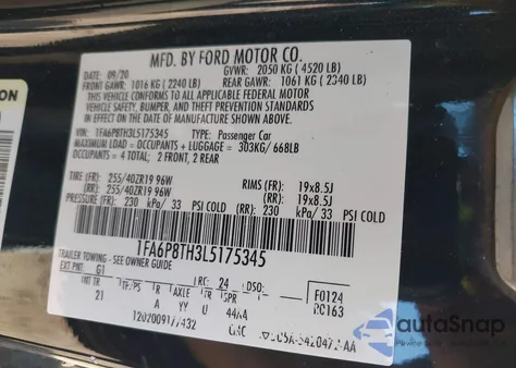 2020 Ford Mustang Ecoboost Fastback из США, поврежденный, VIN 1FA6P8TH3L5175345